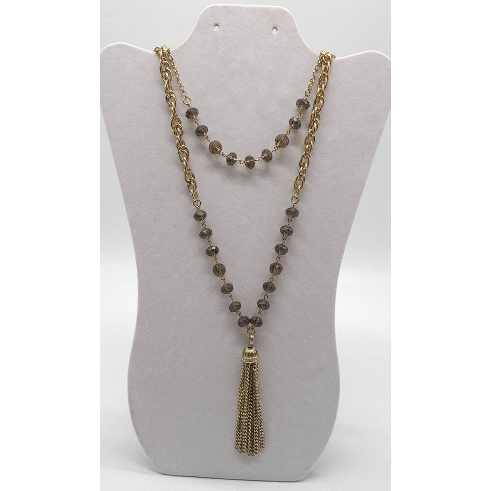 Gold Tone Double-Strand Necklace With Smoky Crystal Beads Tassel Pendant 28"